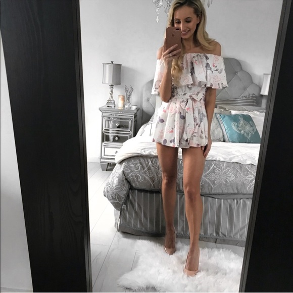 Little Pearls of Life Pants - Off-the Shoulders Ruffle Floral Print Romper